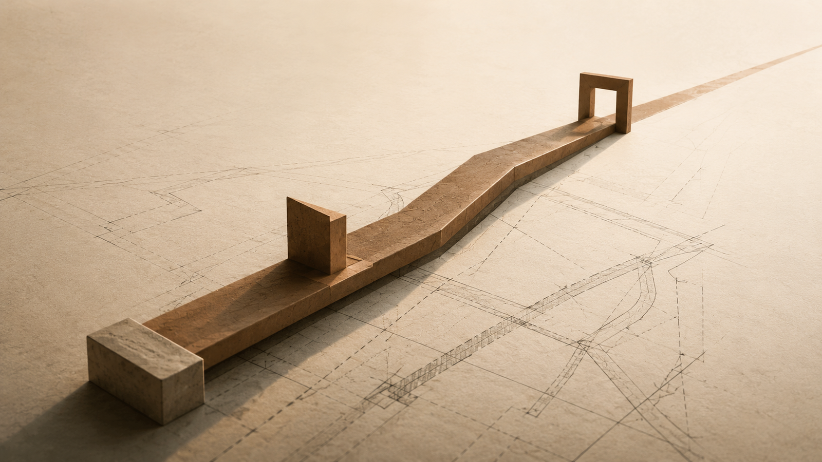 Minimalist warm-sand and charcoal illustration of a rising diagonal beam with two milestones, symbolizing a two-year direction.