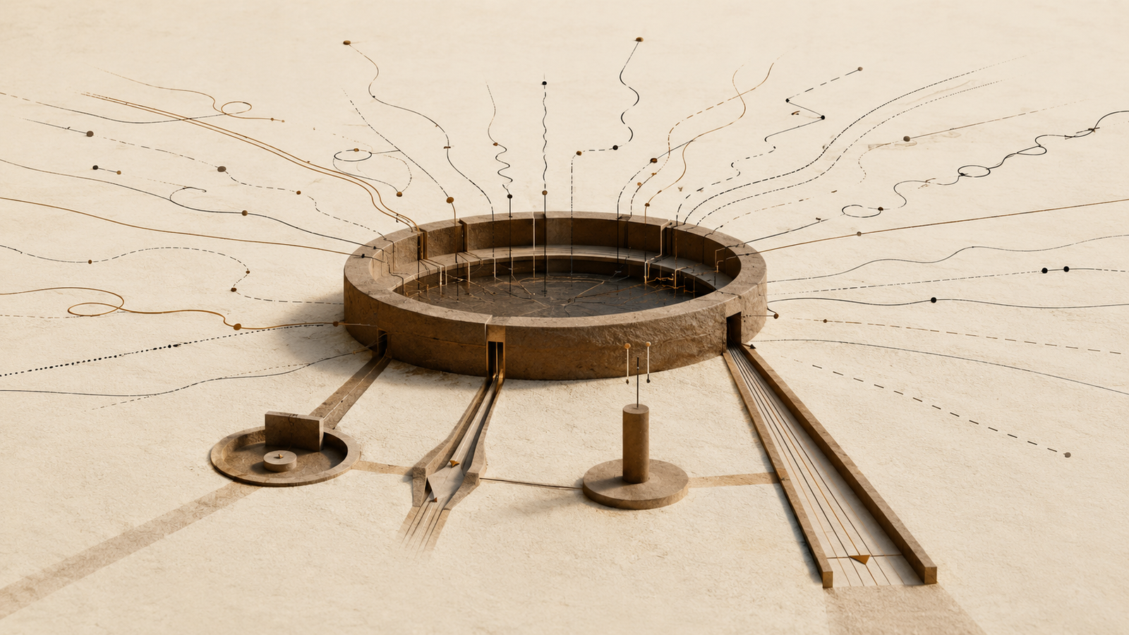 Minimalist architectural illustration showing fragmented signal lines pressing toward a central structure, symbolizing cognitive overload, mental bandwidth, and attention fatigue.