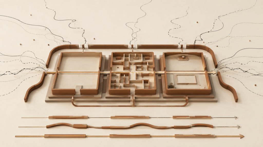 Minimalist architectural illustration showing three protected daily system blocks for deep work, support work, and recovery, symbolizing time, energy, and clarity.