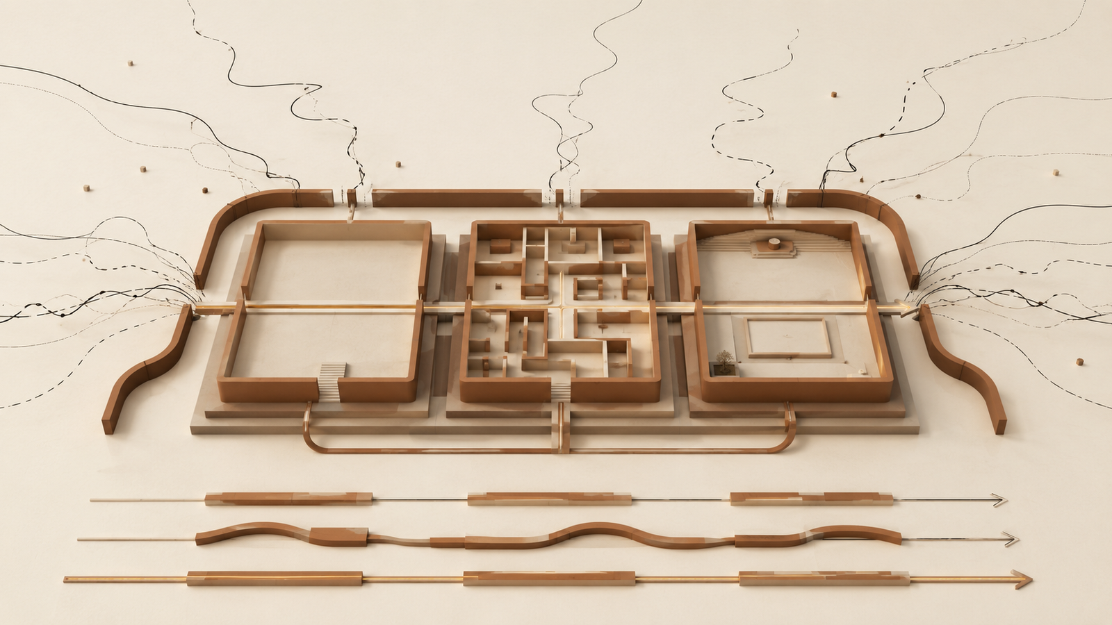 Minimalist architectural illustration of a protected daily system with structured blocks and guardrails, symbolizing time, energy, and clarity.