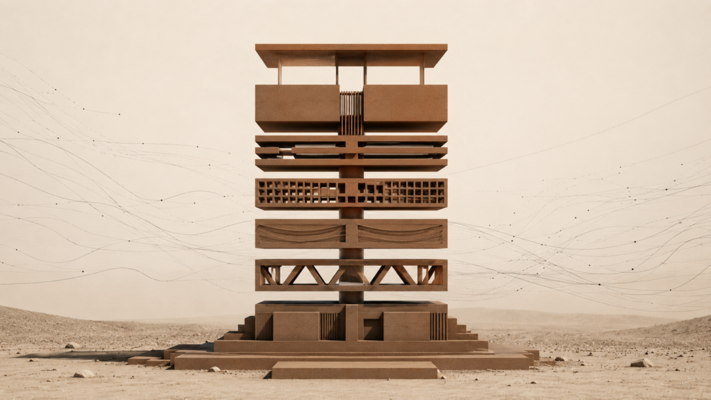 Minimalist architectural illustration showing seven connected skill layers on a grounded foundation, symbolizing future literacy and the skill stack needed in 2026.