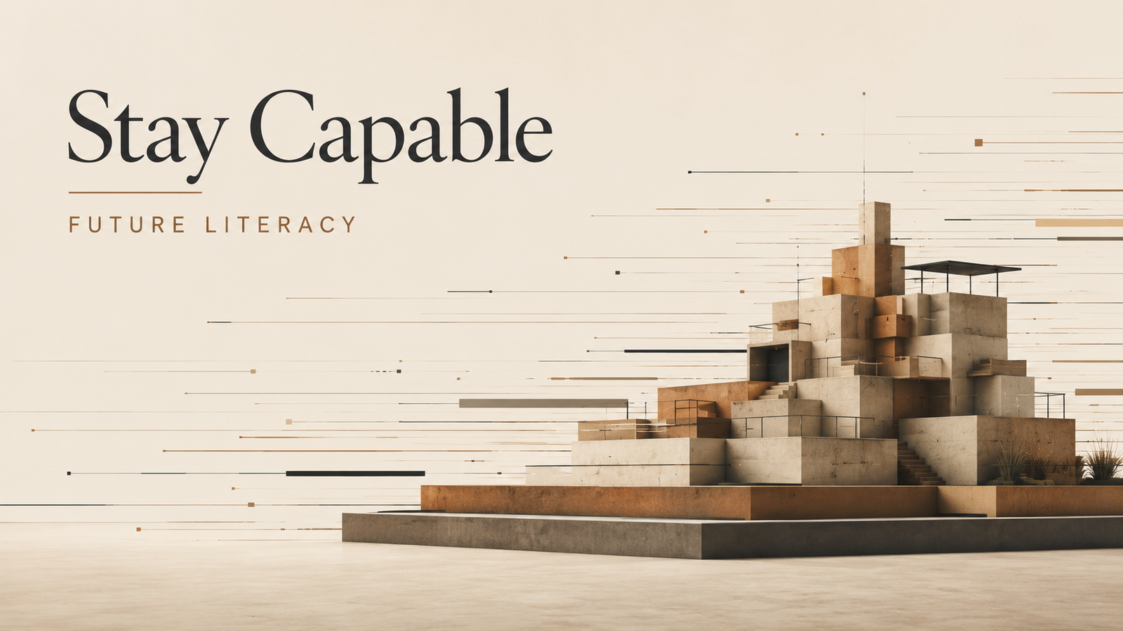Minimalist architectural illustration showing a stable modular platform evolving while motion lines move around it, representing future literacy and capability in a changing world.