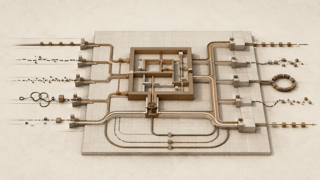 Minimalist architectural illustration showing inputs, processes, feedback loops, and leverage points across a structured grid, symbolizing systems thinking in real life.