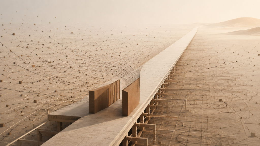 Minimalist architectural illustration showing fragmented signals organizing into a structured pathway, symbolizing mental clarity, reduced noise, and structured decision-making.