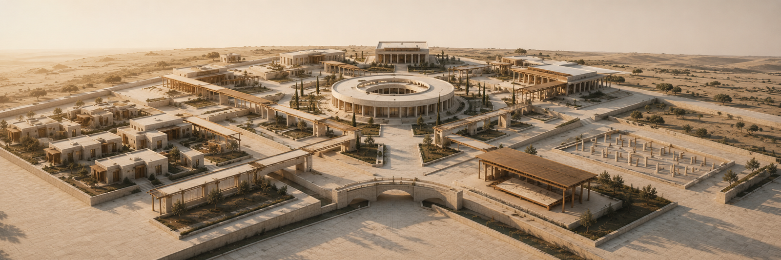 Relationship Structure Framework architectural illustration showing an interconnected civic campus with bridges, courtyards, and shared foundations representing healthy relationships built through trust, communication, boundaries, and long-term structure.