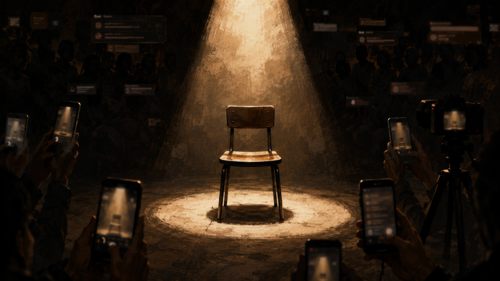 An empty chair sits under a bright spotlight while anonymous spectators and glowing phones surround the darkened space, symbolizing humiliation culture and online public shaming.