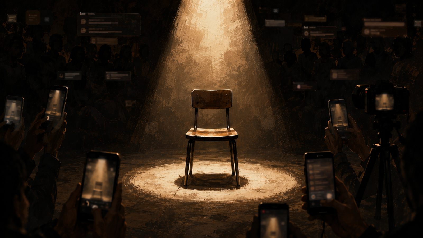An empty chair sits under a bright spotlight while anonymous spectators and glowing phones surround the darkened space, symbolizing humiliation culture and online public shaming.