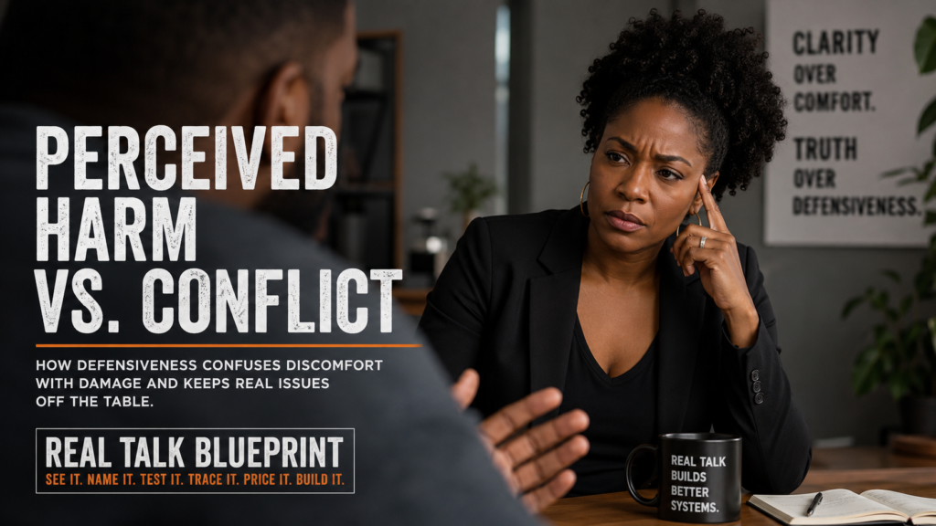 Two adults in a tense workplace conversation, with one person listening skeptically as the other gestures, illustrating how discomfort during conflict can be interpreted as harm.