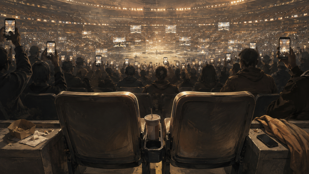 Anonymous stadium spectators hold phones around empty seats, illustrating internet consequences when public behavior is recorded and shared.