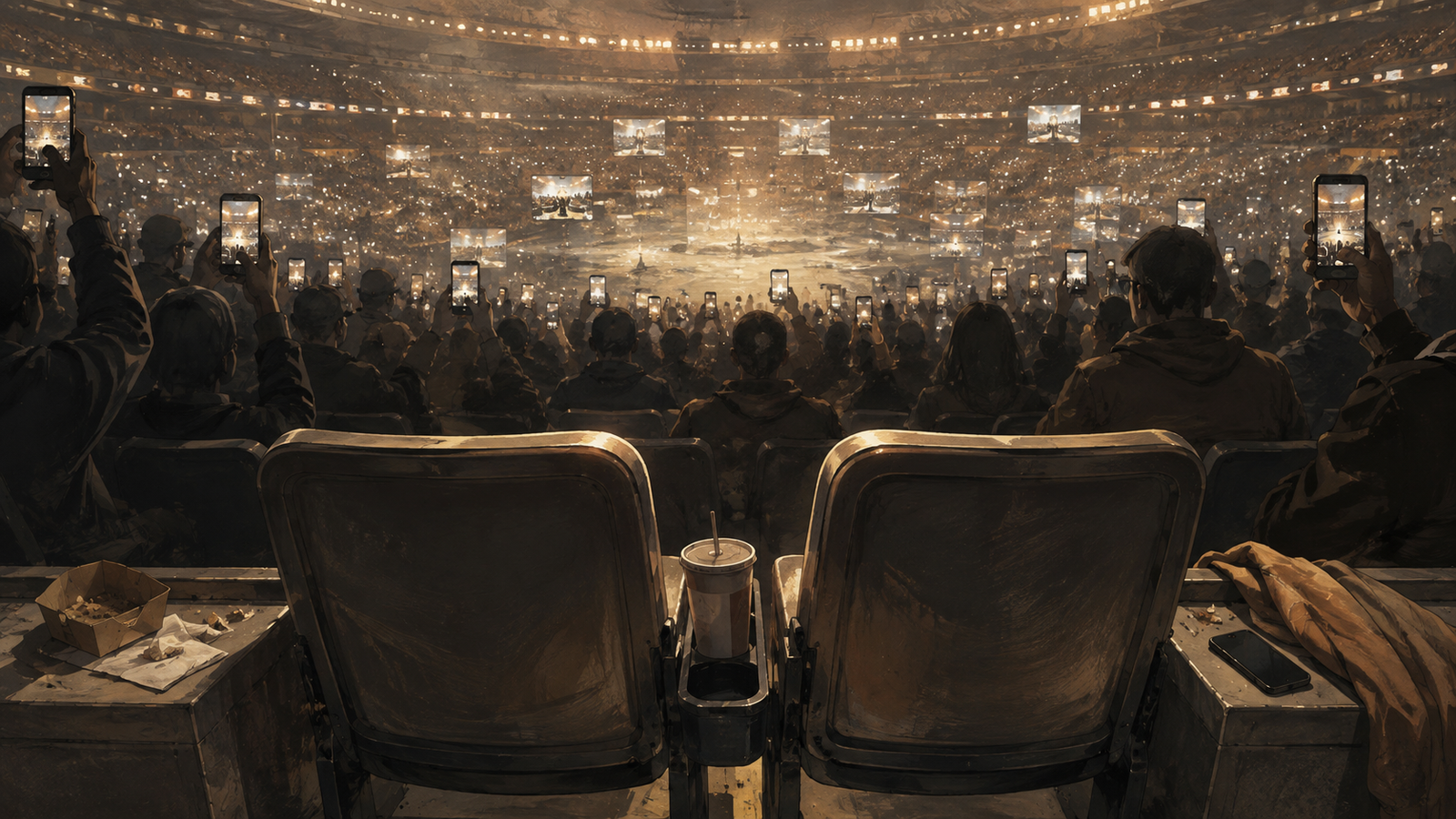Internet Consequences: When Public Behavior Becomes Digital Evidence Anonymous stadium spectators hold phones around empty seats, illustrating internet consequences when public behavior is recorded and shared.