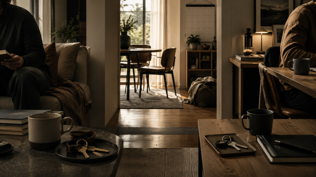 Two people share a structured living space with distinct personal areas, representing healthy relationship boundaries, trust, and autonomy.
