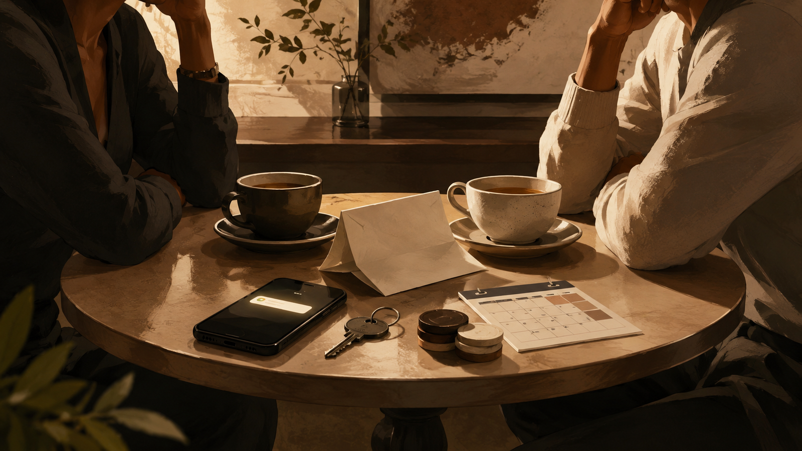 Two faceless people sit across a café table with coffee, a folded paper, phone, key, calendar card, and tokens suggesting the unspoken terms of a relationship.