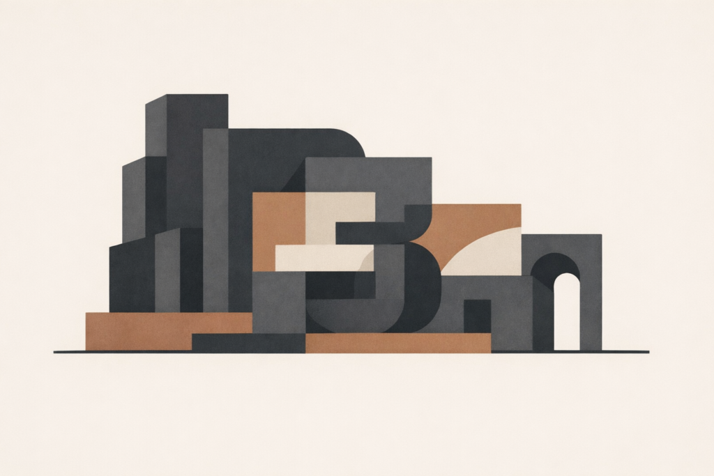 Minimalist illustration representing coded language and cultural signaling through abstract architectural forms.