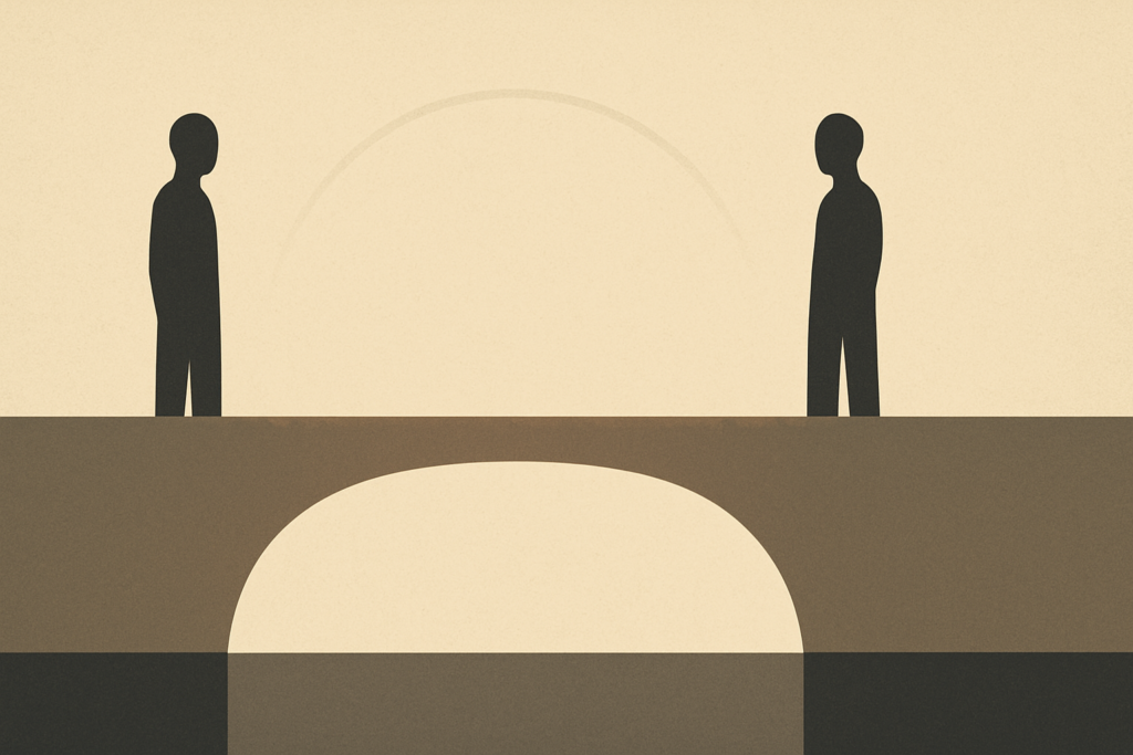 Minimalist illustration of two figures standing on separate landforms extending toward a shared clay-brown structural beam, symbolizing connection without erasure of difference.