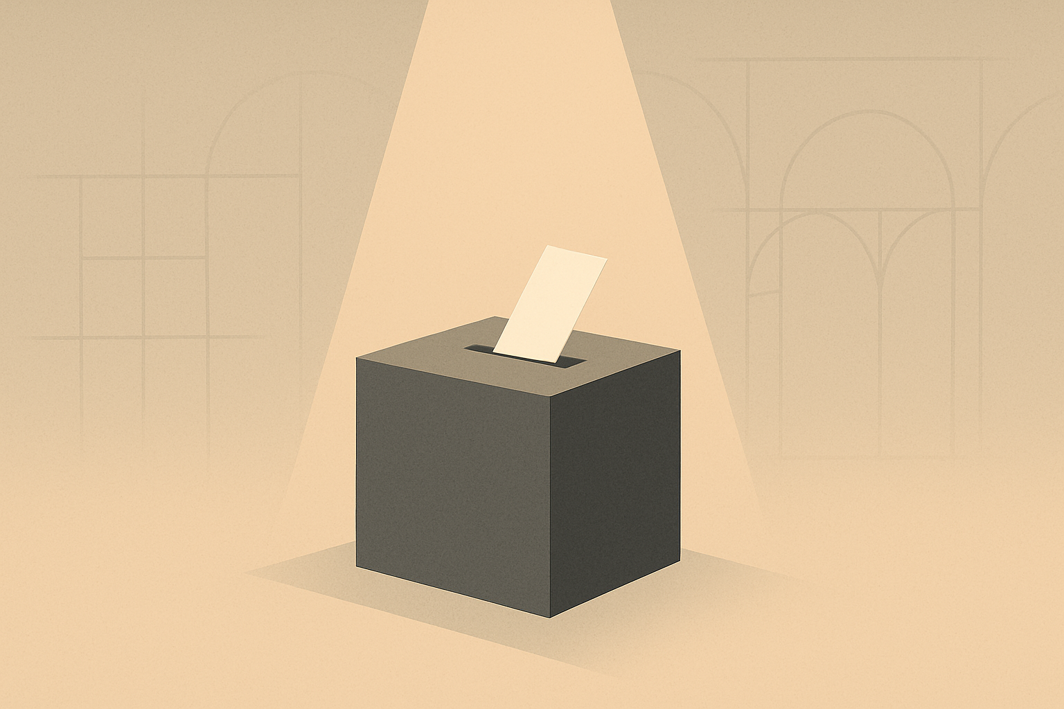 Minimalist civic illustration showing a ballot box under a focused beam of light, symbolizing holding leaders accountable after elections.