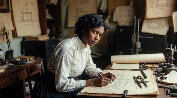 Illustrated portrait of Alice H. Parker standing beside engineering drawings and pipes