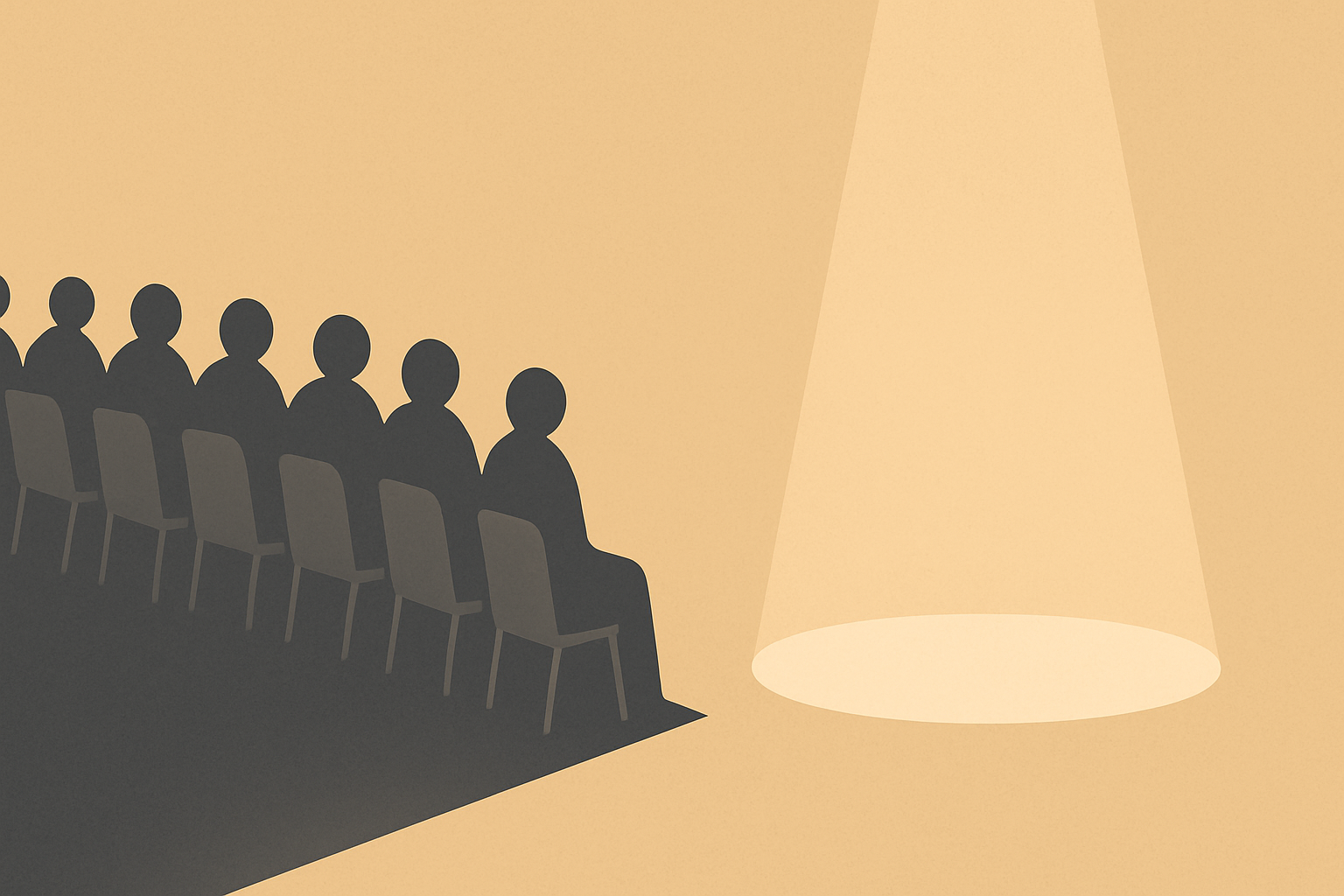 Minimalist 16:9 illustration showing an audience drifting toward one side while a clear spotlight remains centered, symbolizing the pull of comfort over accountability.