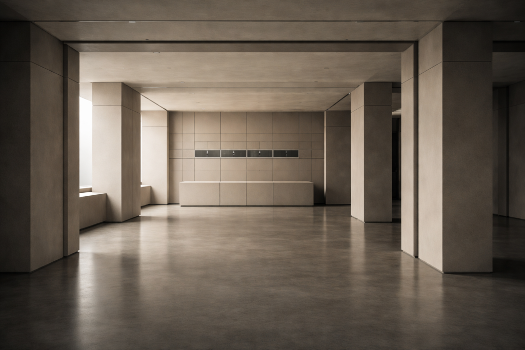 Minimalist architectural interior illustrating automation without accountability, with repetitive structural systems operating without visible oversight.