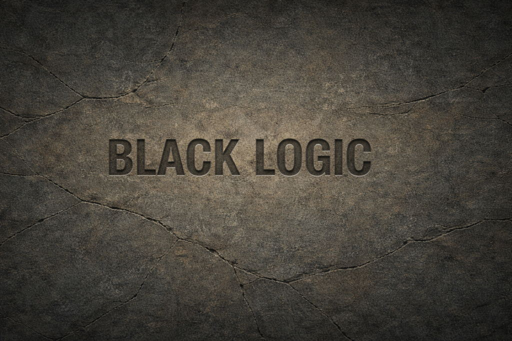 Ultra-wide stone surface with the words “Black Logic” pressed into a weathered, load-bearing material, symbolizing foundational reasoning and structural inevitability.