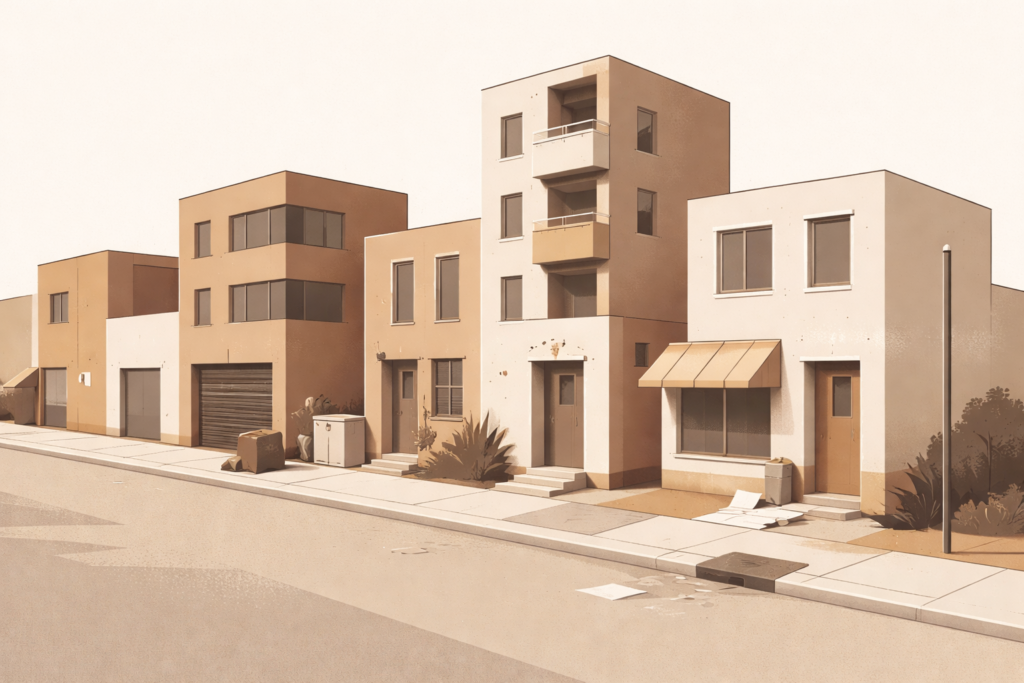 Block logic community order subtly eroding in a minimalist architectural streetscape with slightly misaligned buildings and quiet signs of neglect.