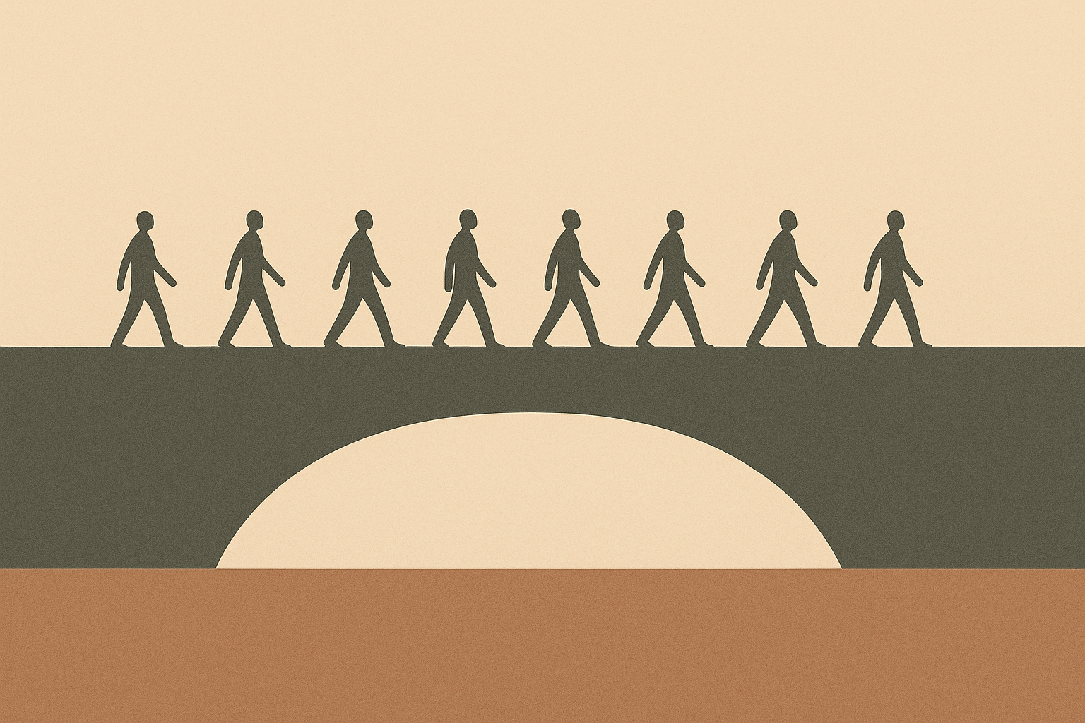 Minimalist illustration representing civil rights who benefited, showing a bridge built by one group with others walking across, supported by a clay brown beam of inherited opportunity.