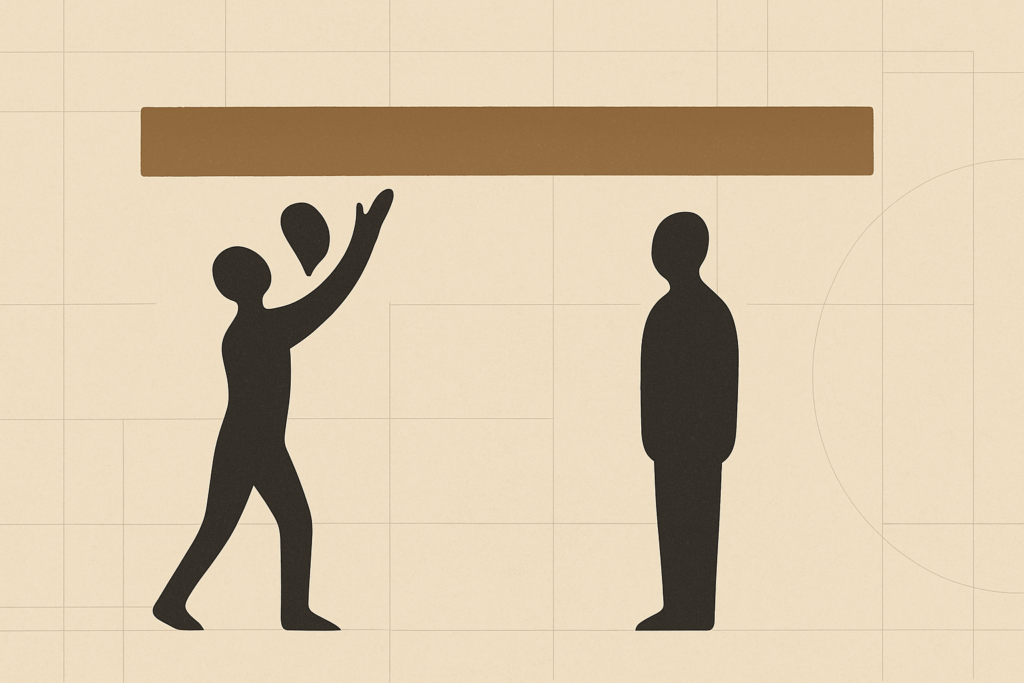 Minimalist illustration showing two abstract human silhouettes beneath a horizontal structural beam, symbolizing the principle of choosing structure over instinct.