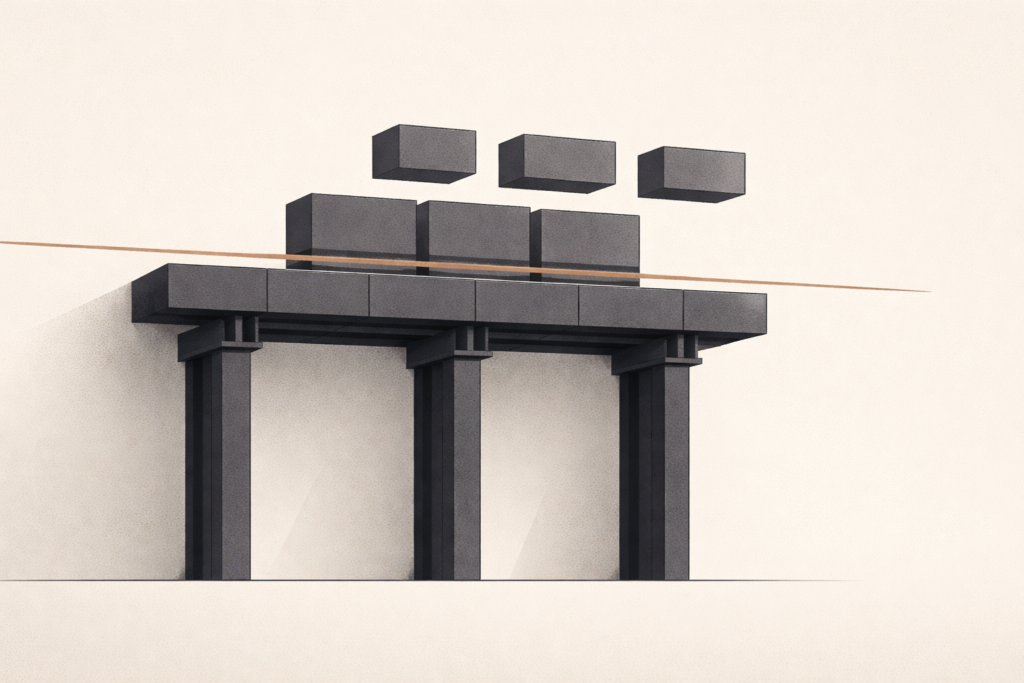 Load-bearing structural beams at full capacity with additional weight held outside a defined boundary line, symbolizing disciplined limits.