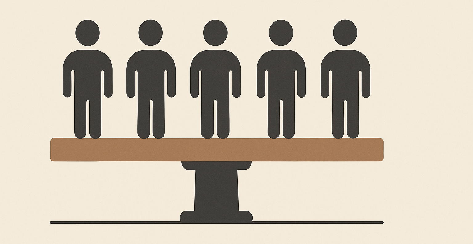 Care as infrastructure illustrated by a structural beam supporting multiple figures, symbolizing men in nursing as load-bearing support.