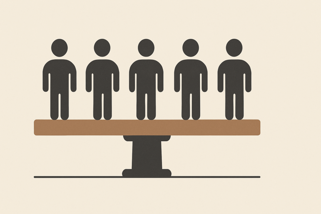 Care as infrastructure illustrated by a structural beam supporting multiple figures, symbolizing men in nursing as load-bearing support