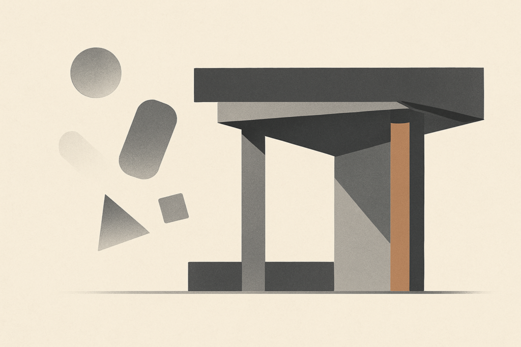 Minimalist architectural illustration showing a clean structure supported by a single clay-brown beam, with faded abstract forms drifting away to represent release, subtraction, and structural clarity.