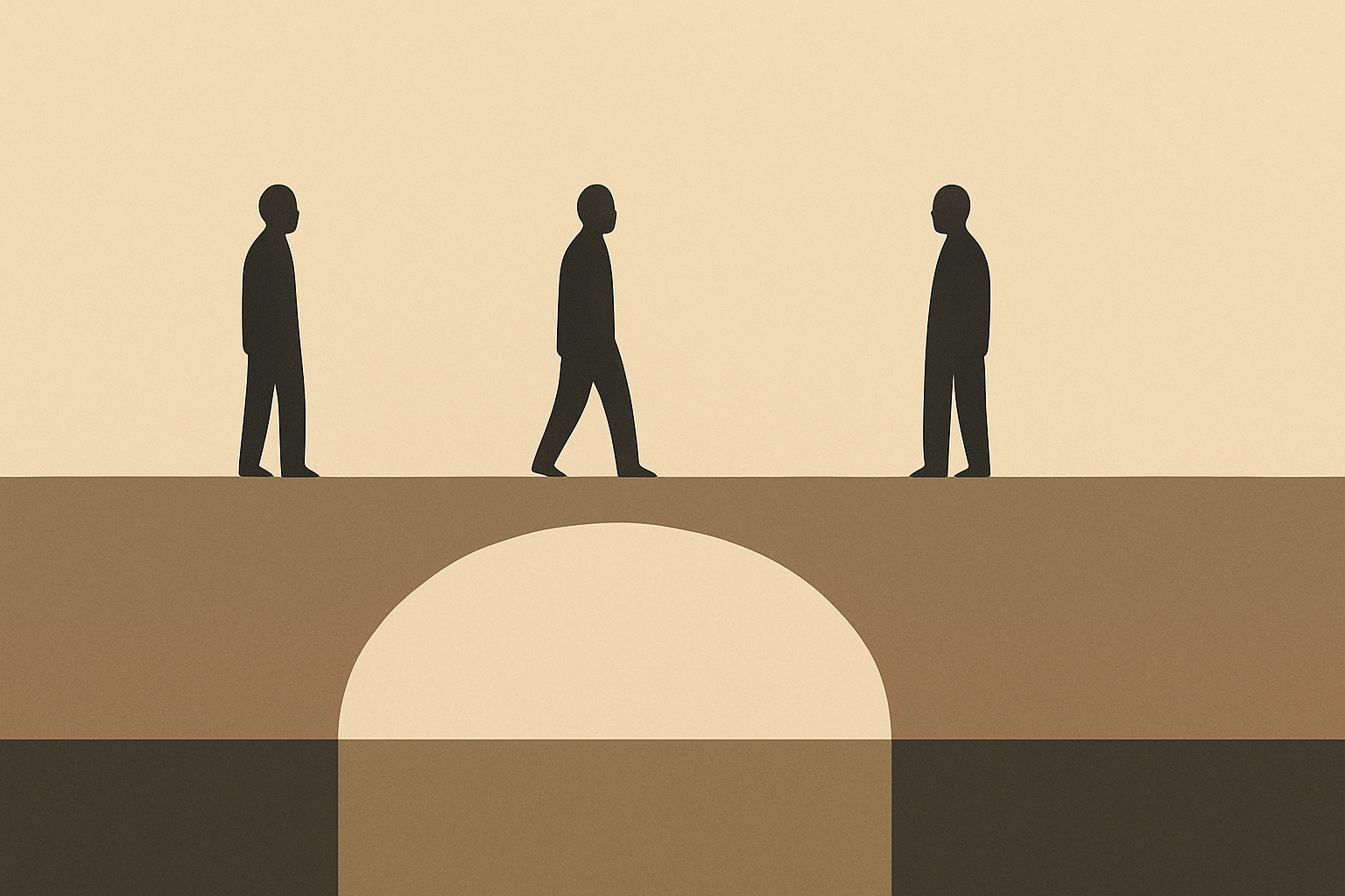 Silhouettes crossing a bridge supported by the foundation built during the civil rights era