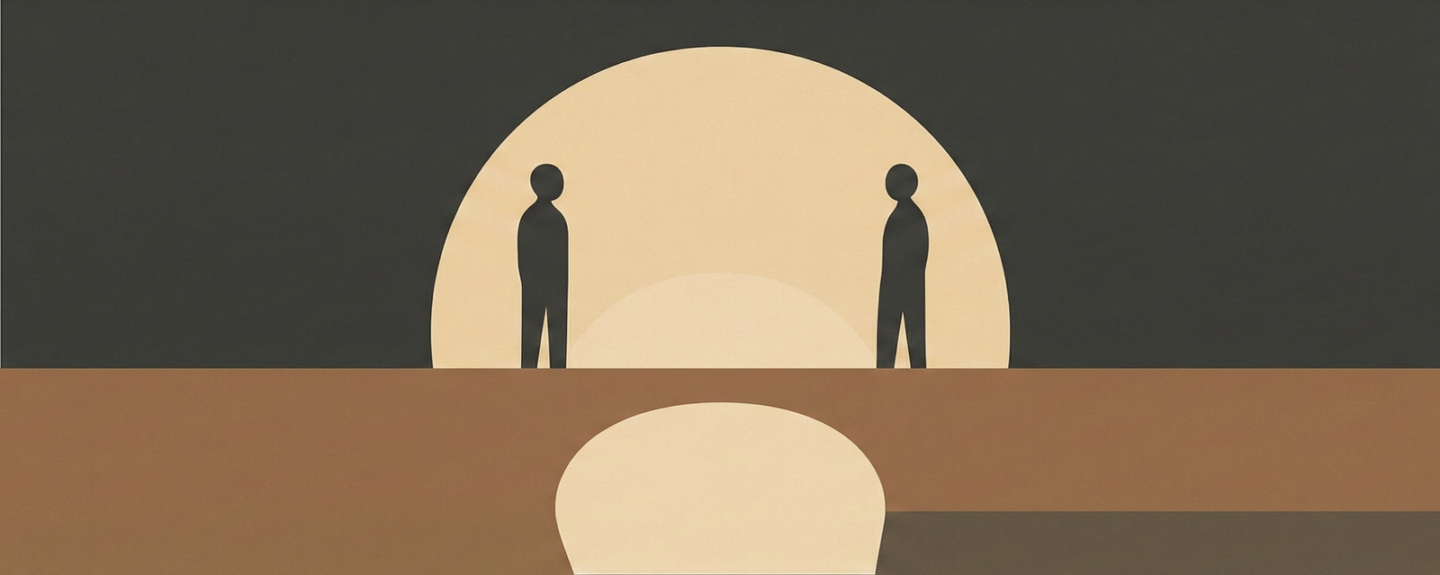 Minimalist illustration showing two abstract figures connected by a shared clay-brown structural beam symbolizing civil rights inheritance across the African diaspora.