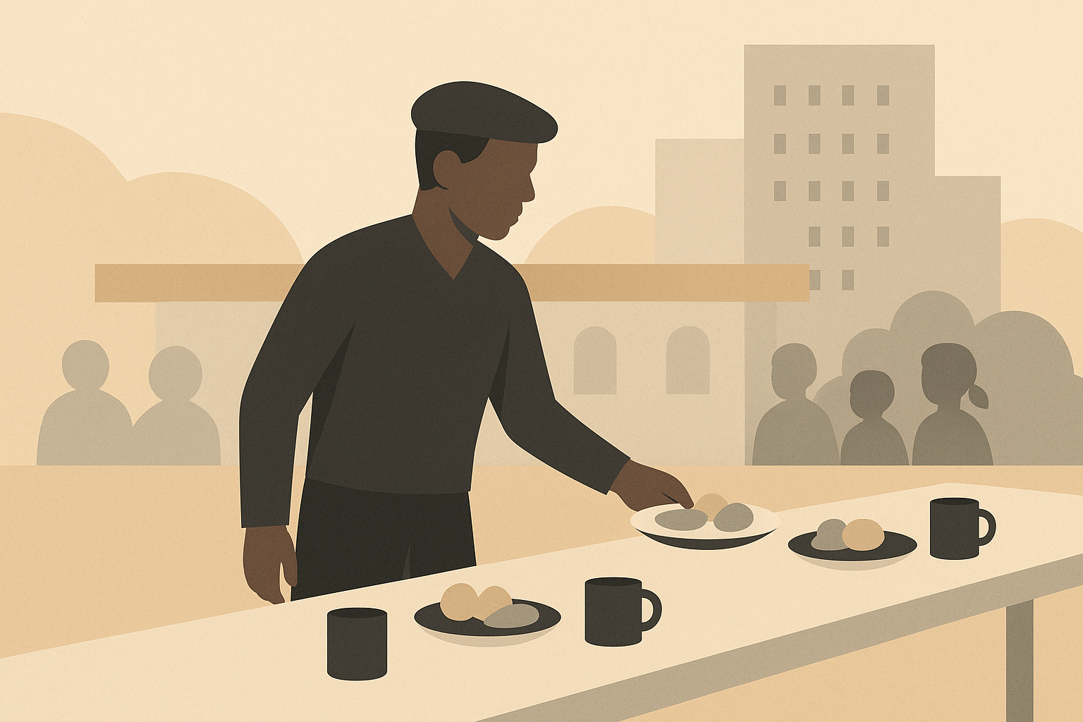 Minimalist illustration of a young organizer placing food on a breakfast table, symbolizing community infrastructure rising against institutional pressure.