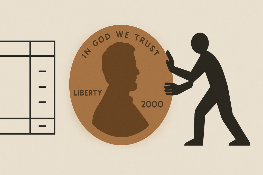 Minimalist illustration representing the culture of pennies with a fading coin, geometric ledger, and abstract figure symbolizing nostalgia and disappearing value.