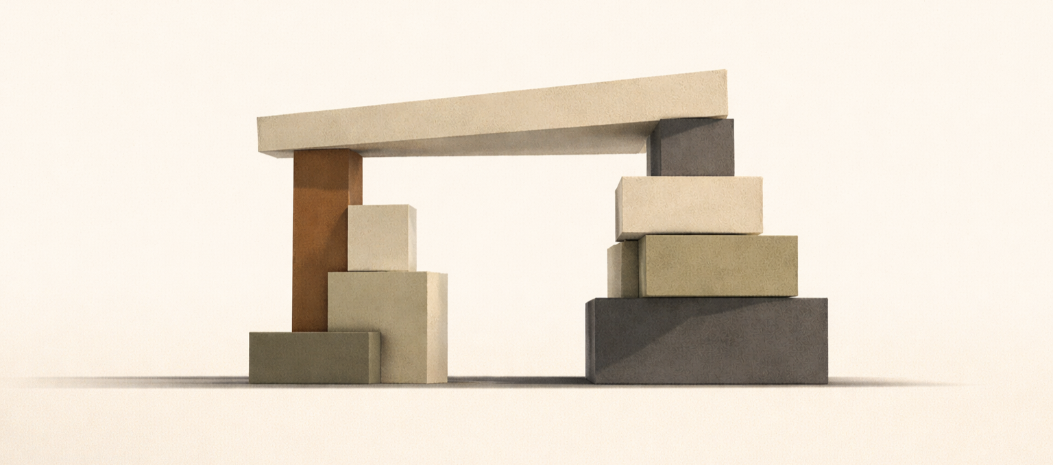 Minimalist architectural illustration showing the hidden cost of power through uneven load-bearing structure.