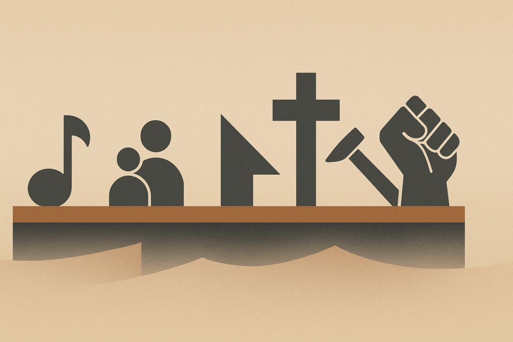 Minimalist illustration of layered cultural pillars representing Black American music, family, migration, faith, craftsmanship, and political struggle resting on a clay brown foundation beam.