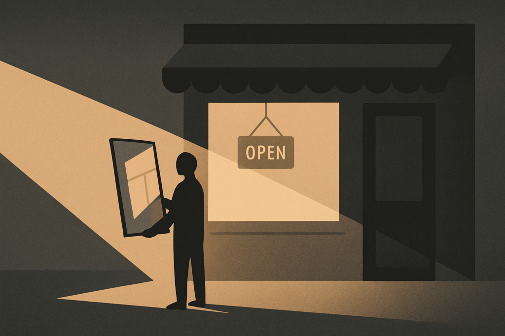 A dim storefront silhouette with a single figure holding a mirror that reflects the empty interior, symbolizing cultural accountability and consumer awareness.