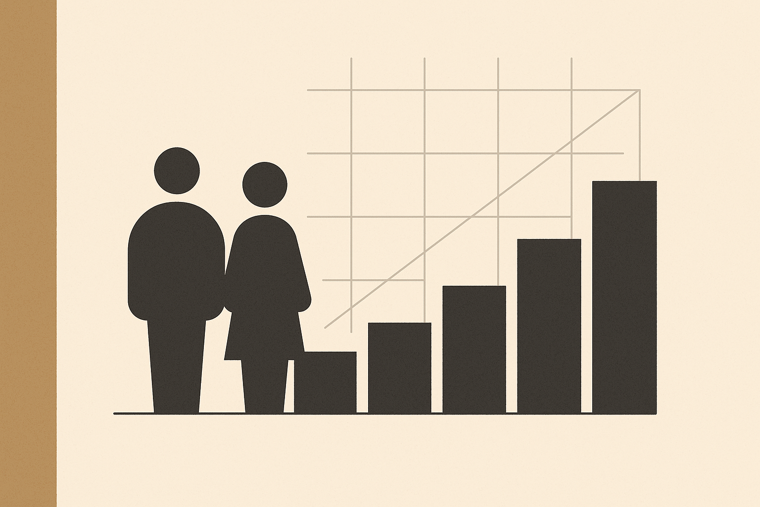 Minimalist illustration showing two abstract figures beside rising geometric blocks symbolizing DINK wealth growth, with upward grid lines indicating financial acceleration.