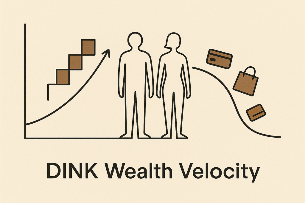 Minimalist illustration visualizing DINK wealth inequality through two diverging financial paths, showing disciplined growth versus lifestyle decline.