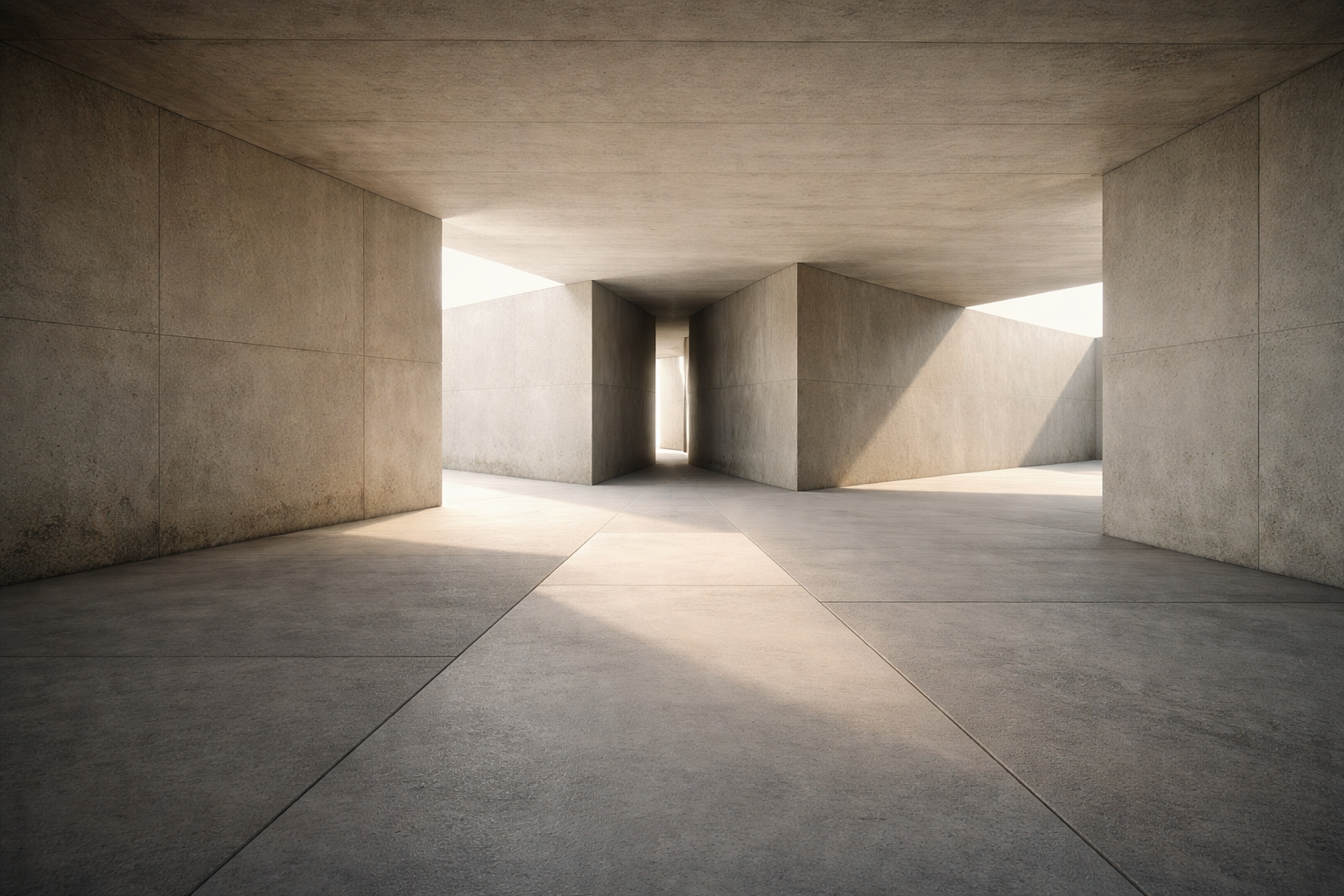 Minimalist architectural space with a forward path that subtly branches, symbolizing decision-making with incomplete information and disciplined judgment.