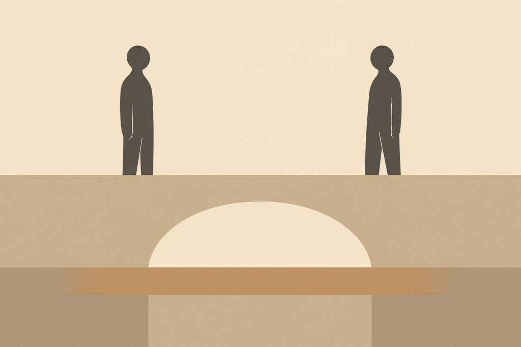 Minimalist illustration of two abstract figures standing on opposite sides of a symbolic bridge representing the African diaspora with a clay brown beam beneath them.