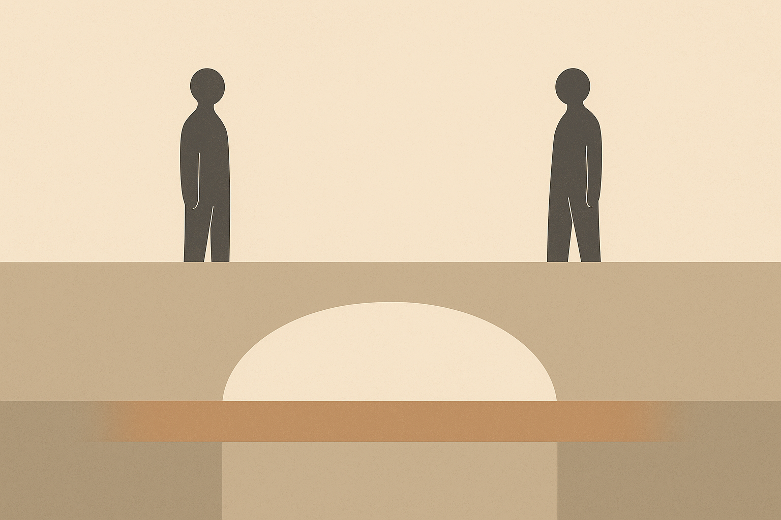 Minimalist illustration of two abstracted diaspora figures on opposite sides of a bridge
