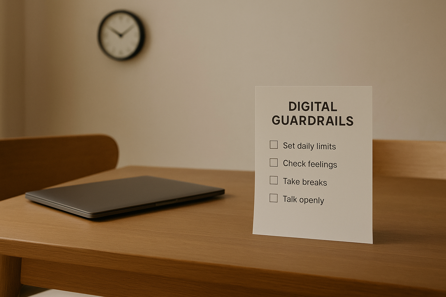 Family table with printed Digital Guardrails checklist beside a closed laptop and wall clock, symbolizing calm structure and balance