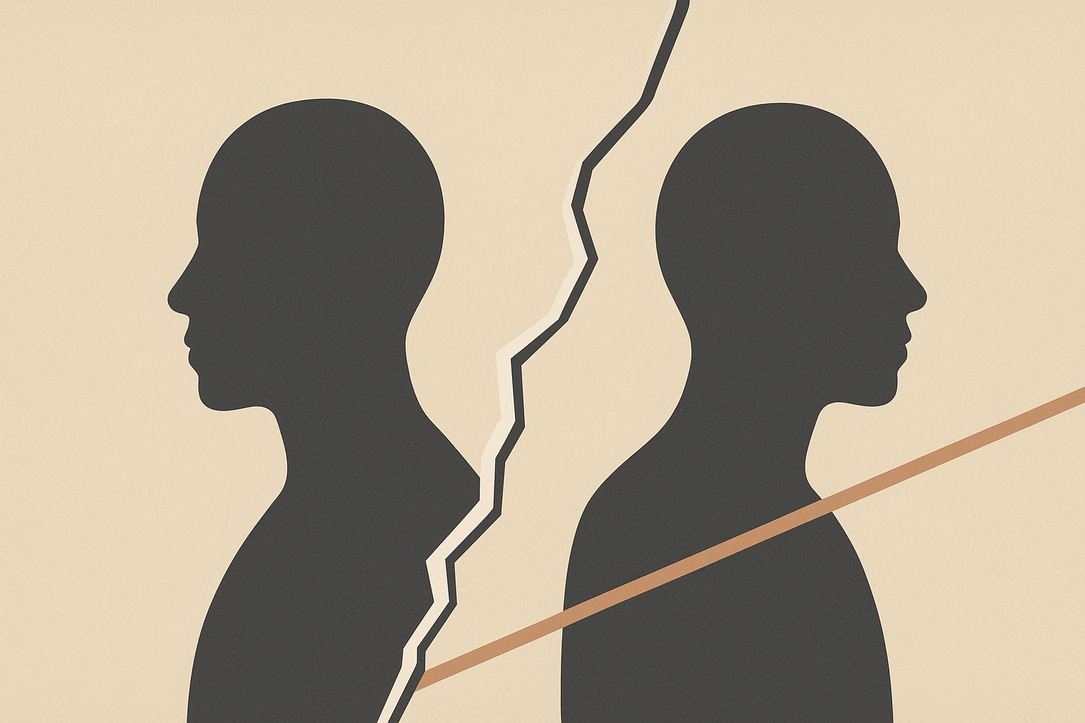 Minimalist illustration of a fractured digital screen dividing two silhouettes, symbolizing a digital gender fracture in modern discourse.