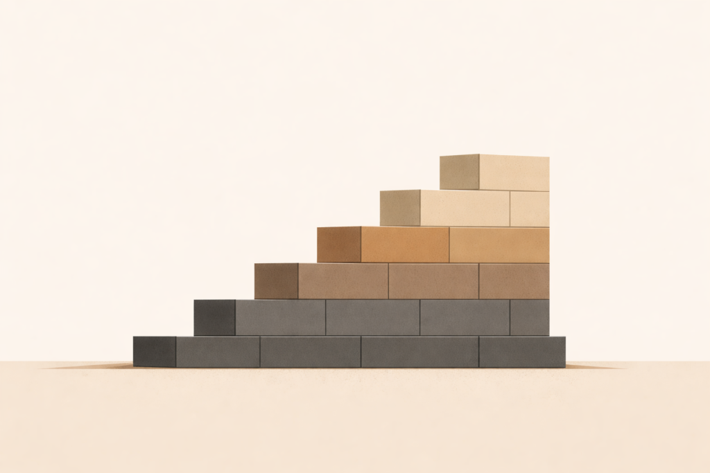 Discipline is the cost illustrated by a minimalist architectural staircase built from solid blocks, symbolizing earned progress through repetition and stability.