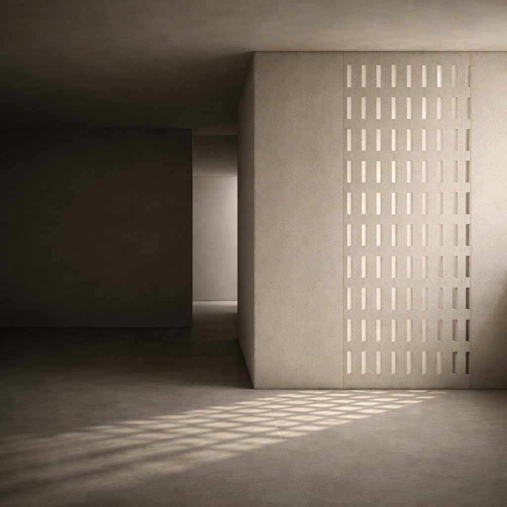 Minimalist architectural screen filtering light through a perforated wall, with strong negative space and controlled shadows expressing discernment and disciplined stillness.