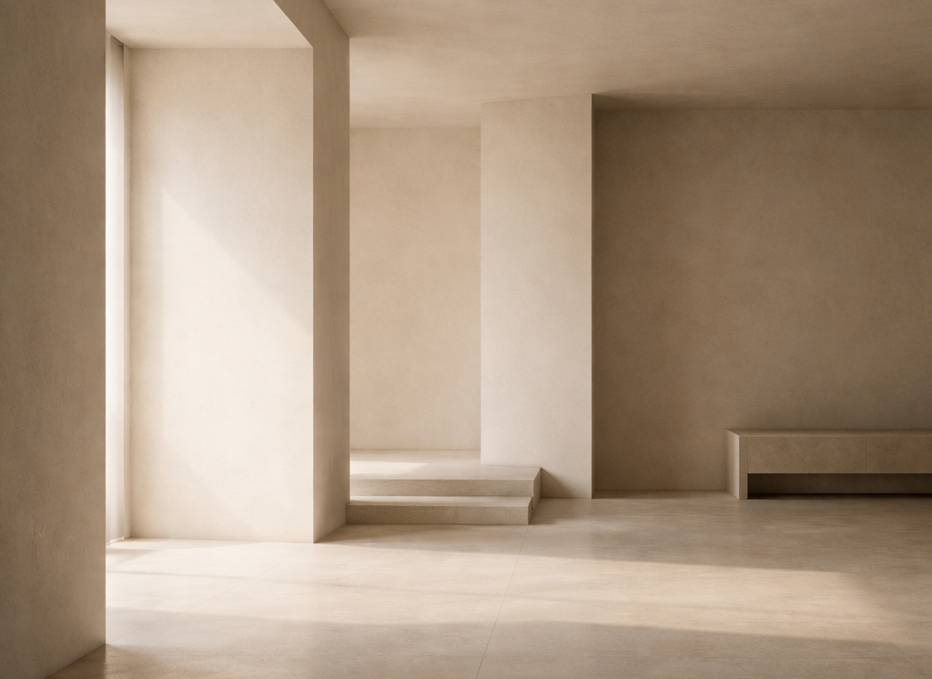 Minimalist interior with soft natural light, clean architectural lines, and expansive negative space, conveying disciplined stillness and quiet clarity.