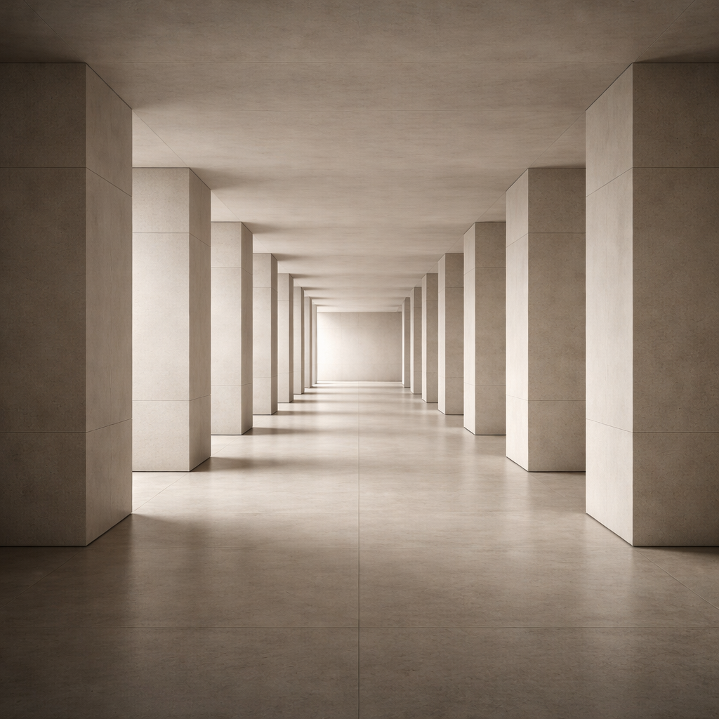 Minimalist architectural corridor with strong symmetry, evenly spaced columns, and soft even light, conveying permanence, order, and disciplined stillness as a standard.