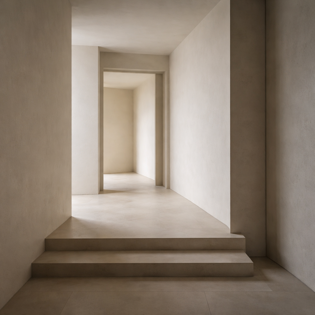 Minimalist architectural threshold with soft indirect light, clean lines, and expansive negative space, conveying orientation, discernment, and disciplined stillness.