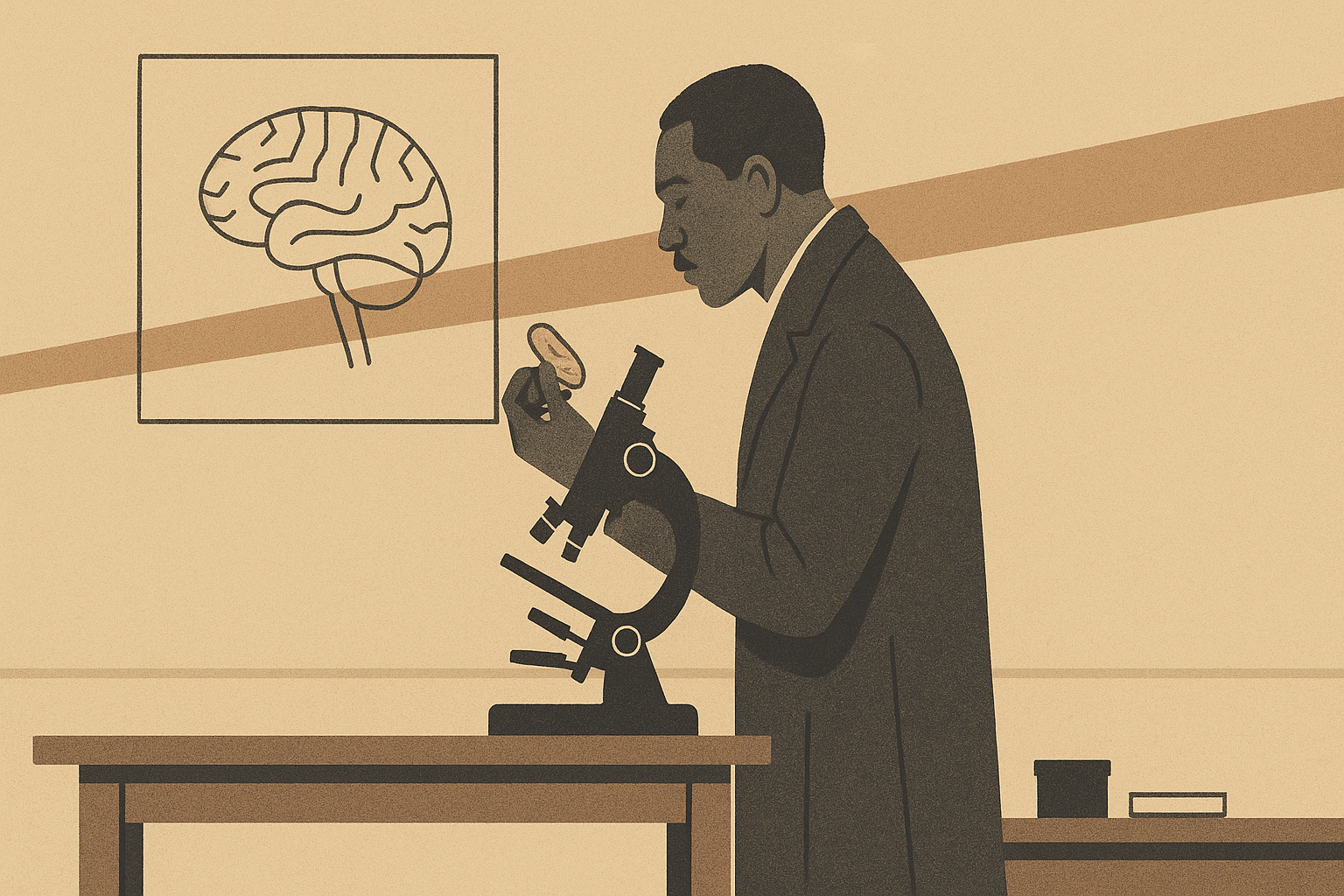 A minimalist warm-sand illustration of Dr. Solomon Carter Fuller standing in an early 1900s laboratory, examining a thin brain slice under a microscope with a geometric brain diagram behind him.